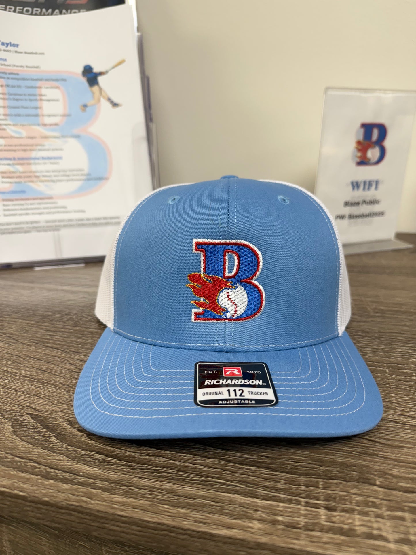Richardson 112 Adjustable Trucker Hat - Columbia Blue Front - B Logo