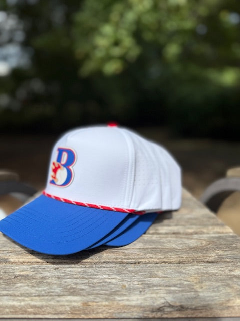 Hydro Style Rope Hat - White with Blue bill, Red Cord and B Logo